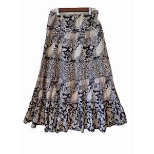 Style & Co batik Boho Tiered Maxi Skirt sz S Black/Beige hippie festival lined